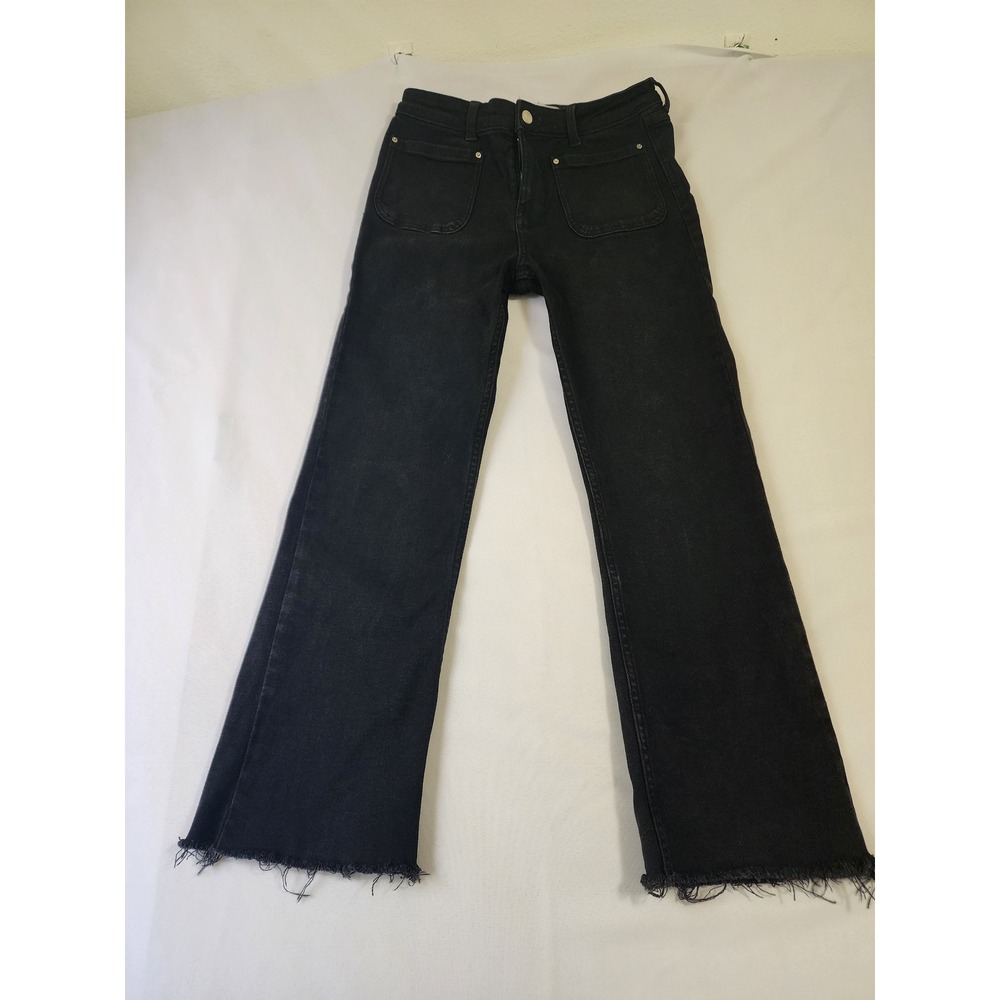 Zara Womens Black High Waisted Flare Jeans Raw Hem Patch Pocket Size 4 0108/227